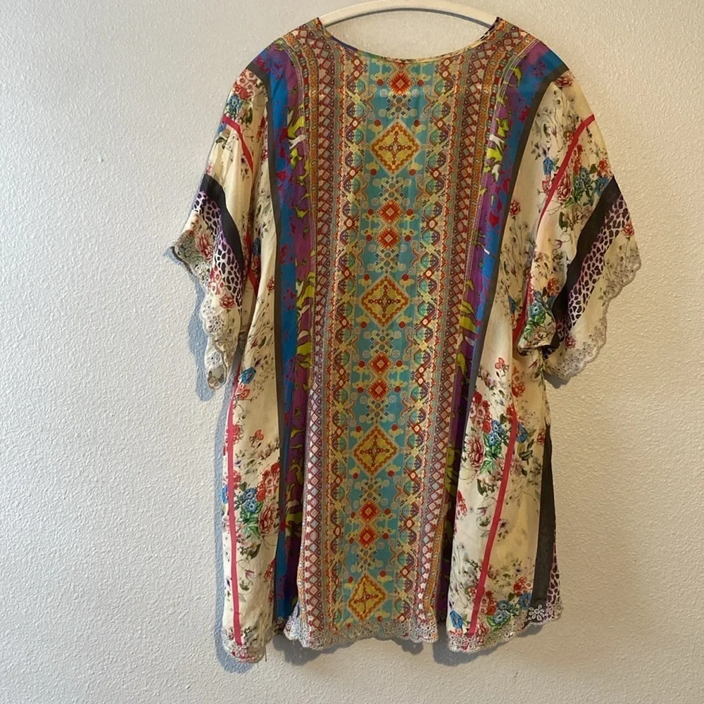 Johnny Was Multicolor Dolman Sleeve Keyhole Tunic Lace Trim, Rayon